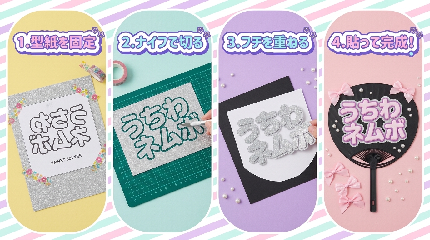 カッティングシートとグリッターシートを手切りしてうちわを作る4ステップ図解
